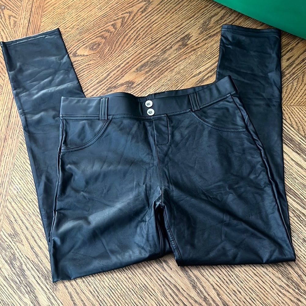 Faux Leather Black Skinny Pants - Women's High-Rise Pull-On